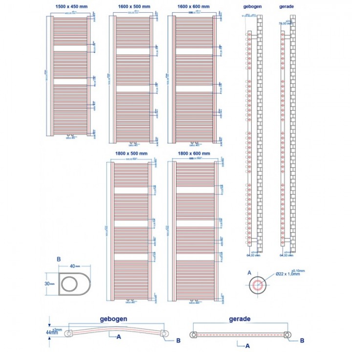 Badheizkörper 1800x500 mm Handtuchheizkörper Weiß gebogen Mittelanschluss