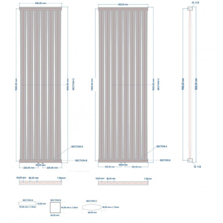 Paneelheizkörper 1600x490 Radfin-Diamond Weiß Seitenanschluss